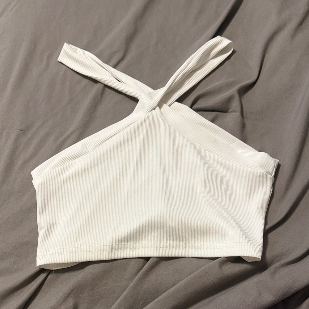 White Ribbed Cross-Strap Crop Top